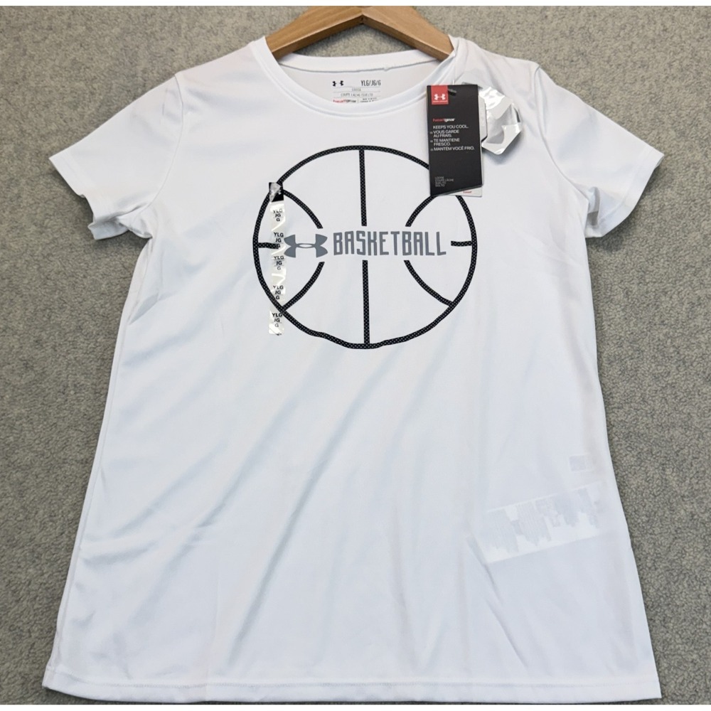 NWT Under Armour Girls Athletic T-Shirt White Loose Fit Basketball Graphic L